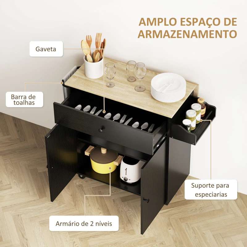 HOMCOM Ilha de Cozinha com Rodas com Lateral Dobrável Gaveta Suporte para Temperos e Prateleira Ajustável 106x42x87 cm Preto e Carvalho