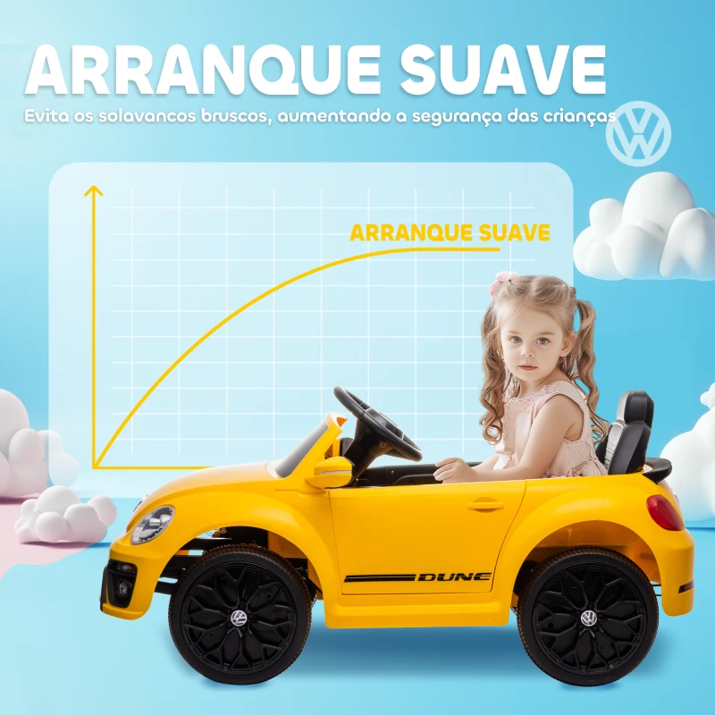 AIYAPLAY Carro Elétrico para Crianças Carro Elétrico Infantil Volkswagen Beetle com Bateria 12V Faróis Buzina e Música 97x56,5x46 cm Amarelo