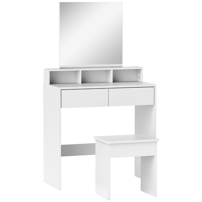 HOMCOM Tavolo da Trucco con Specchio, 3 Ripiani, 2 Cassetti e Sgabello, in Legno, 75x38x135 cm, Bianco