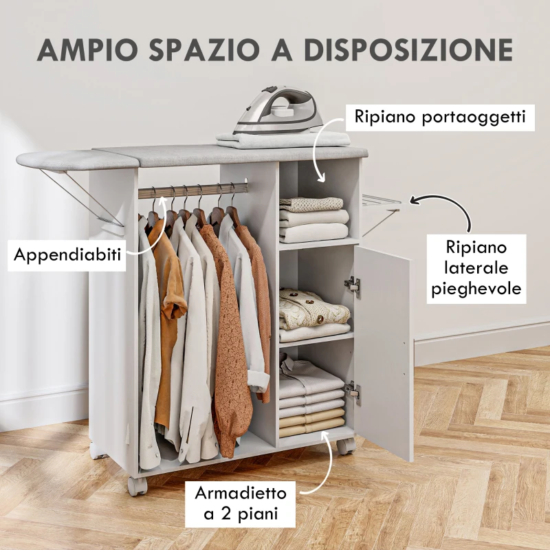 HOMCOM Mobile Asse da Stiro con Piano d'Appoggio, 3 Ripiani a Cubo e Guida, 127x42.5x99cm, Bianco
