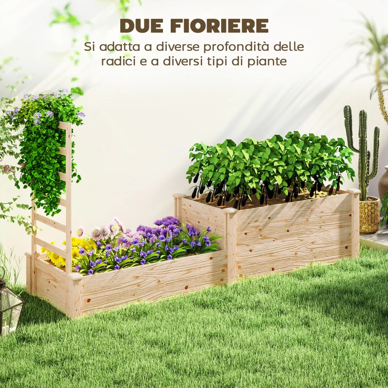 Outsunny Fioriera Rialzata con Grigliato per Rampicanti e Divisorio, in Legno di Abete, 222x63x132 cm, color Legno