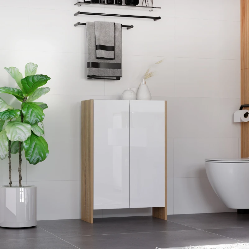 HOMCOM Armário de Armazenamento de 2 Portas Móvel Auxiliar de Casa de Banho Multiuso com 2 Prateleiras para Cozinha Sala de Estar Dormitório 60x25x90cm Acabado em Branco Brilhante
