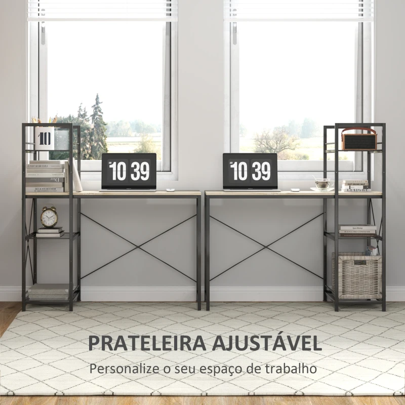 HOMCOM Secretária com Prateleira Reversível Estilo Industrial com Estrutura em Aço para Escritório 110x53x115,5 cm Carvalho e Preto