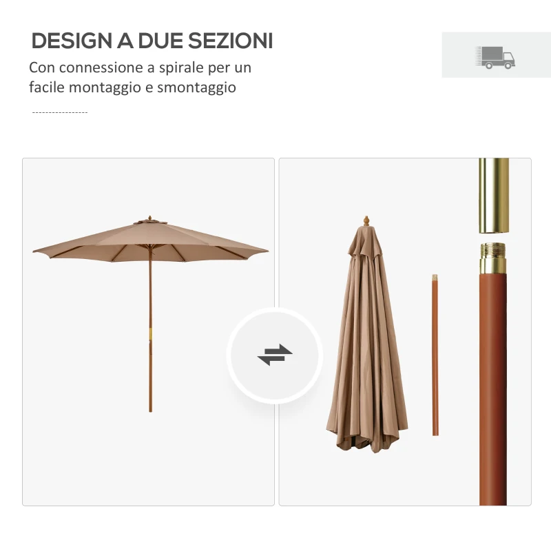 Outsunny Ombrellone da Giardino 3 m con Palo in Legno, 8 Stecche e Parasole in Poliestere, Cachi