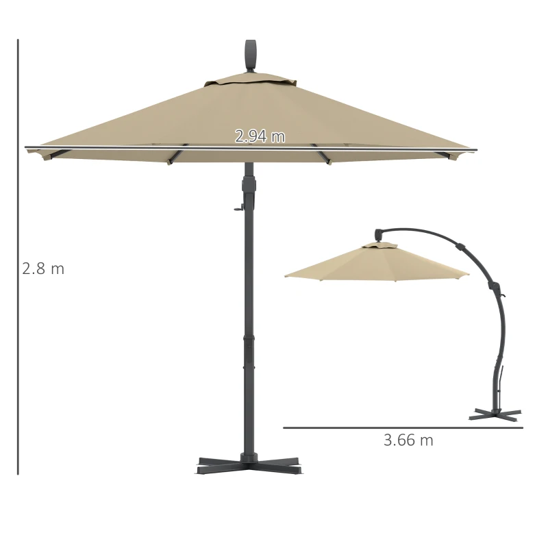 Outsunny 3(m) Garden Cantilever Parasol, Round Overhanging Umbrella with Crank Handle, Cross Base, Aluminium Frame and 360° Rotation, Banana Patio Umbrella for Outdoor Sun Shade, Khaki
