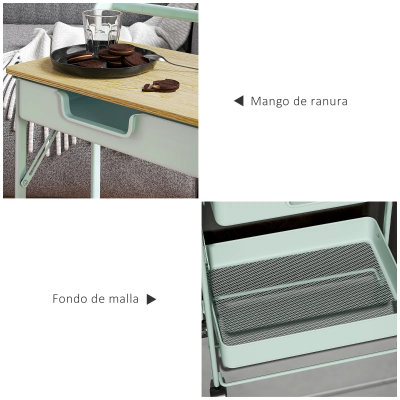 HOMCOM Carrito Auxiliar con Ruedas de 2 Niveles con Cajón Encimera y Cesta de Rejilla para Dormitorio Baño Cocina Verde Claro