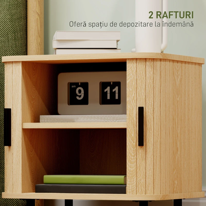 HOMCOM Set 2 Noptiere în stil Nordic cu Raft pe 2 Niveluri și Ușă Culisantă pentru Dormitor, 48x40x48 cm, Lemn Natural(m-6)