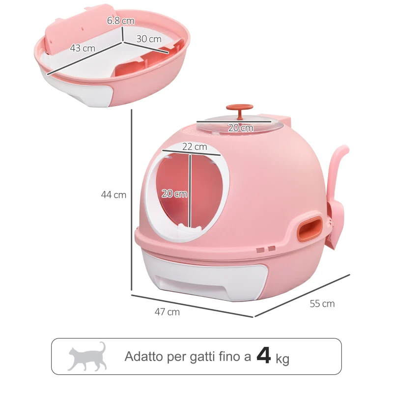 PawHut Lettiera per Gatti Chiusa con Vassoio Estraibile, 2 Ingressi e Paletta, 47x55x44 cm, Rosa