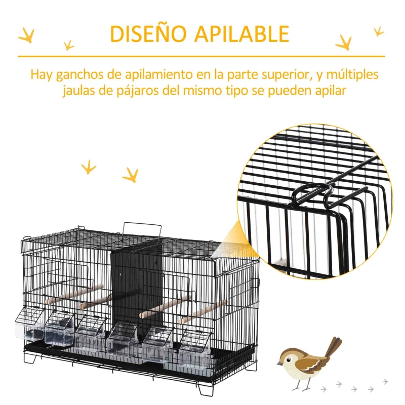 PawHut Jaula para Pájaros con Divisor Ganchos Superiores Puertas Comederos Perchas y Bandeja Extraíble 59,5x26,5x39,5 cm Negro