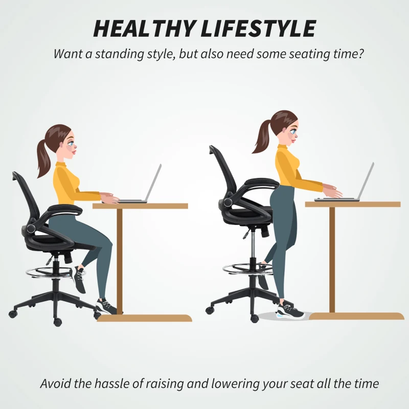 Vinsetto Drafting Chair with Flip-up Armrest, Mesh Office Stool with Foot Ring, 360 Degree Swivel Height Adjustable Chair for Standing Desk, Black