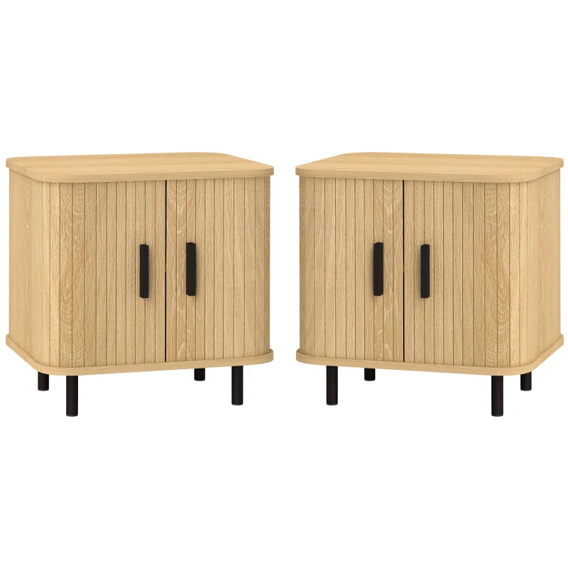 HOMCOM Set 2 Noptiere în stil Nordic cu Raft pe 2 Niveluri și Ușă Culisantă pentru Dormitor, 48x40x48 cm, Lemn Natural(m-10)