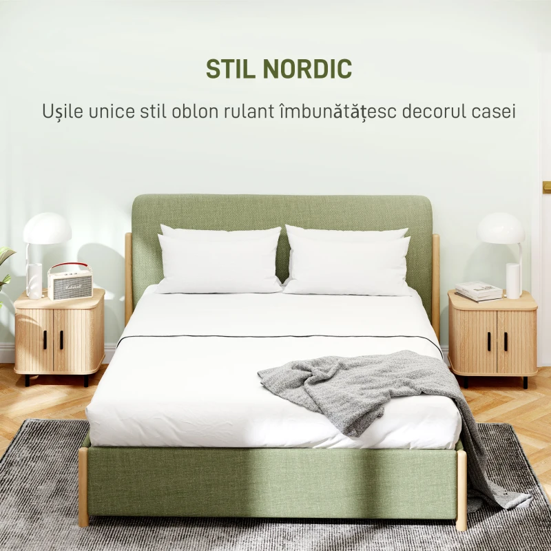 HOMCOM Set 2 Noptiere în stil Nordic cu Raft pe 2 Niveluri și Ușă Culisantă pentru Dormitor, 48x40x48 cm, Lemn Natural(m-4)
