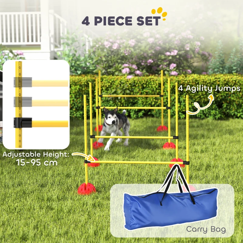 PawHut 4-piece Dog Agility Equipment with 4 Hurdles, Bag for Jump, Training, Yellow