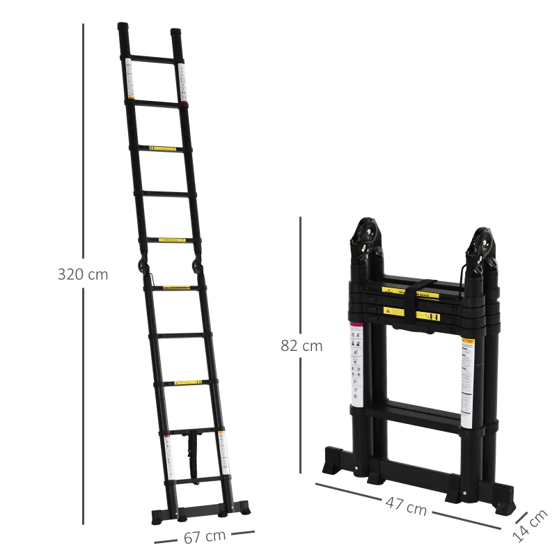 DURHAND Escada Telescópica dobrável multiuso quadro em A 150kg  Alumínio 320x67x7 cm Preto