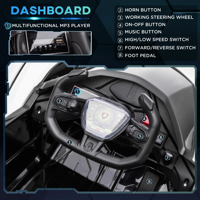 HOMCOM Masina Electrica pentru Copii, Lamborghini, Alb