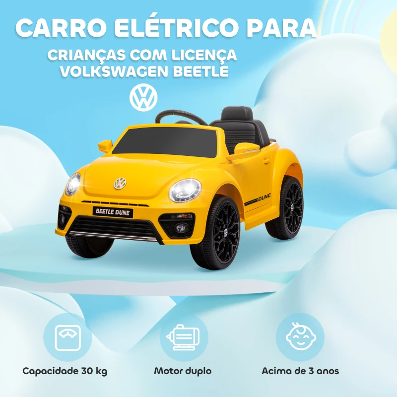 AIYAPLAY Carro Elétrico para Crianças Carro Elétrico Infantil Volkswagen Beetle com Bateria 12V Faróis Buzina e Música 97x56,5x46 cm Amarelo