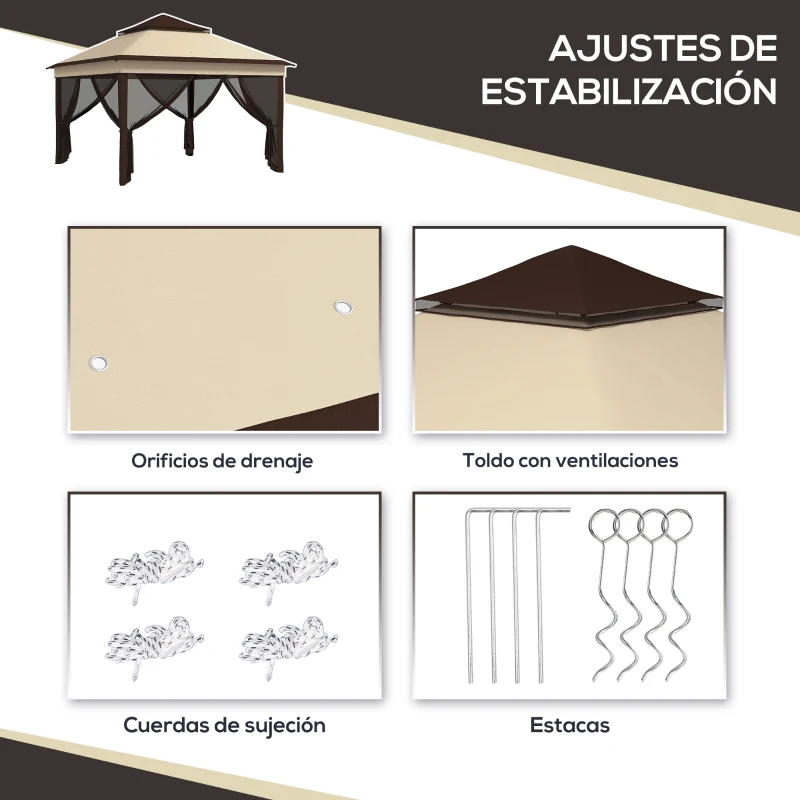 Outsunny Carpa Plegable 3,26x3,26x2,72m con Doble Techo Altura Ajustable Mosquiteras Protección UV30+ y Bolsa de Transporte Beige