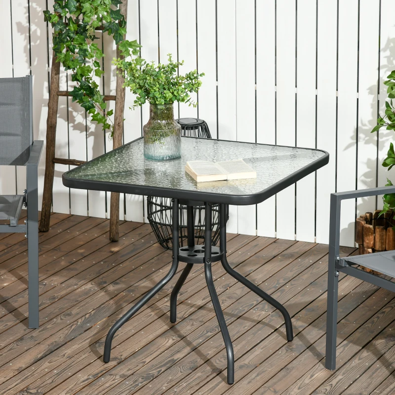 Outsunny Weerbestendige Vierkante Tuintafel 76x76 cm met Parasolgat, Antislip - Zwart