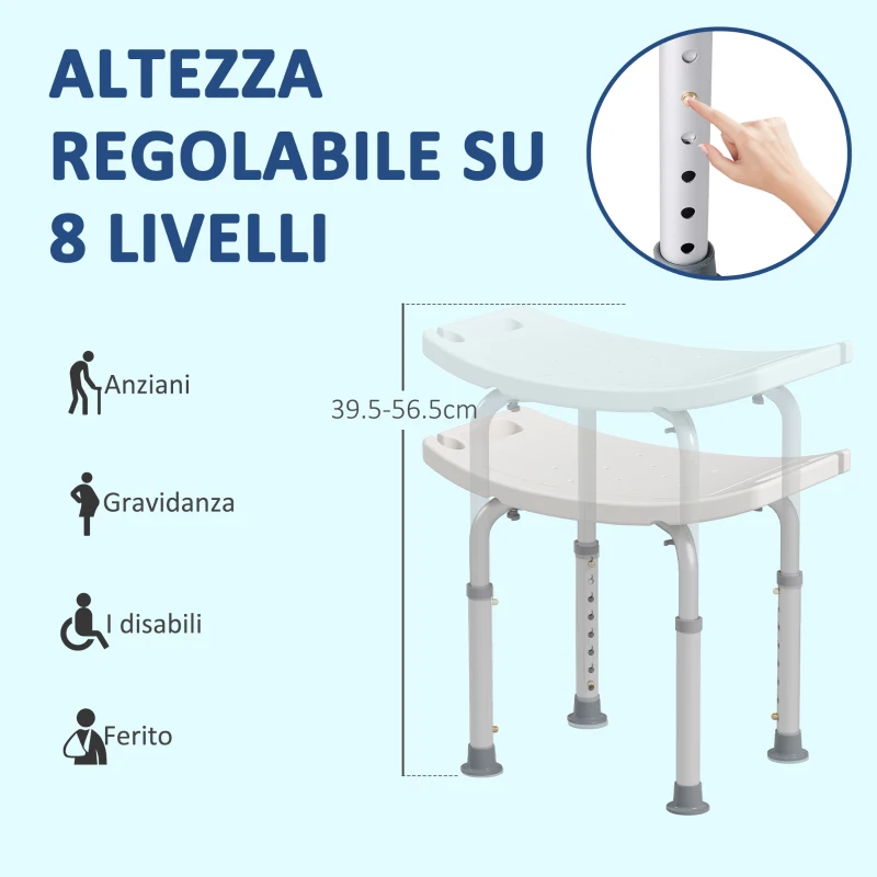 HOMCOM Sgabello Sedile Sedia per Doccia Bagno, Antiscivolo, Altezza Regolabile