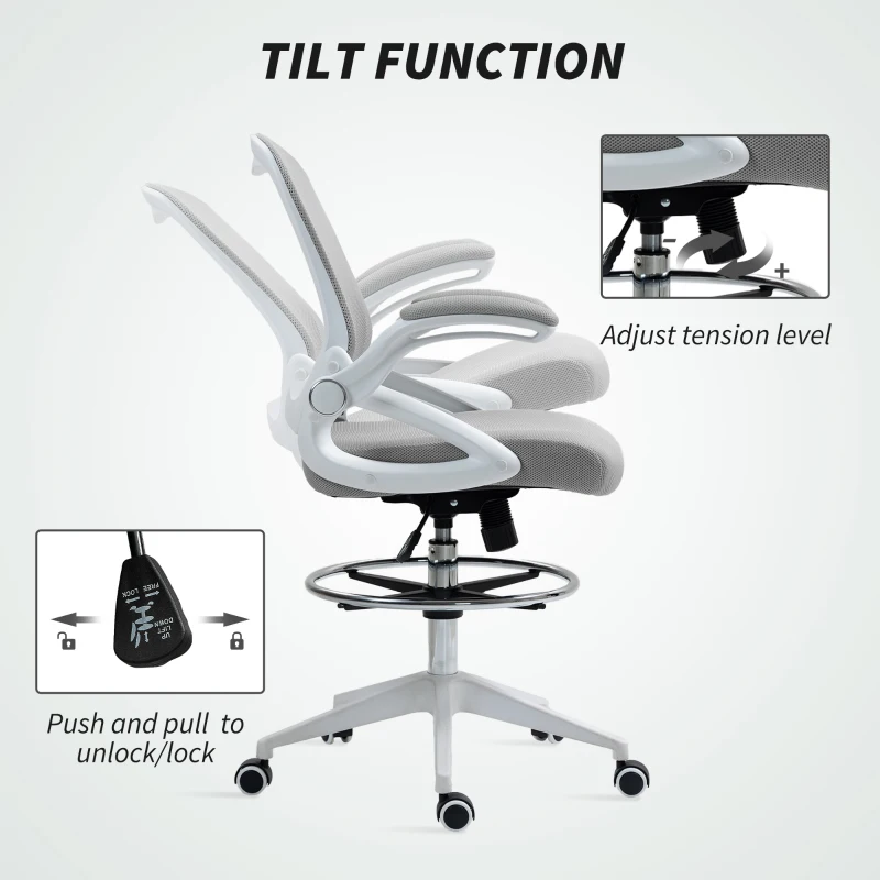 Vinsetto Drafting Chair with Flip-up Armrest, Mesh Office Stool with Foot Ring, 360 Degree Swivel Height Adjustable Chair for Standing Desk, Light Grey