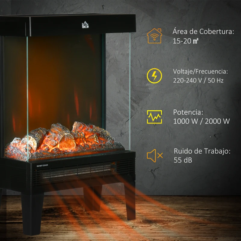 HOMCOM Chimenea Eléctrica 1000W/2000W Calentador de Chimenea con Llama LED Ajustable hasta 15-20 m² 40,5x20x62 cm Negro