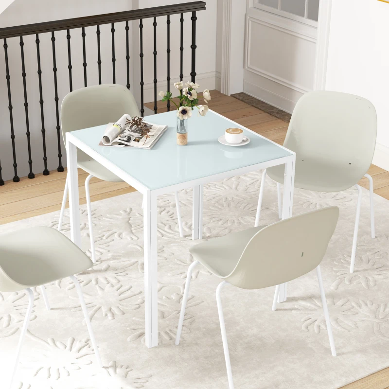 HOMCOM Quadratischer Esstisch für 4 Personen, Tischplatte aus Hartglas, für Küche und Esszimmer, 75 x 75 x 75 cm, Weiß
