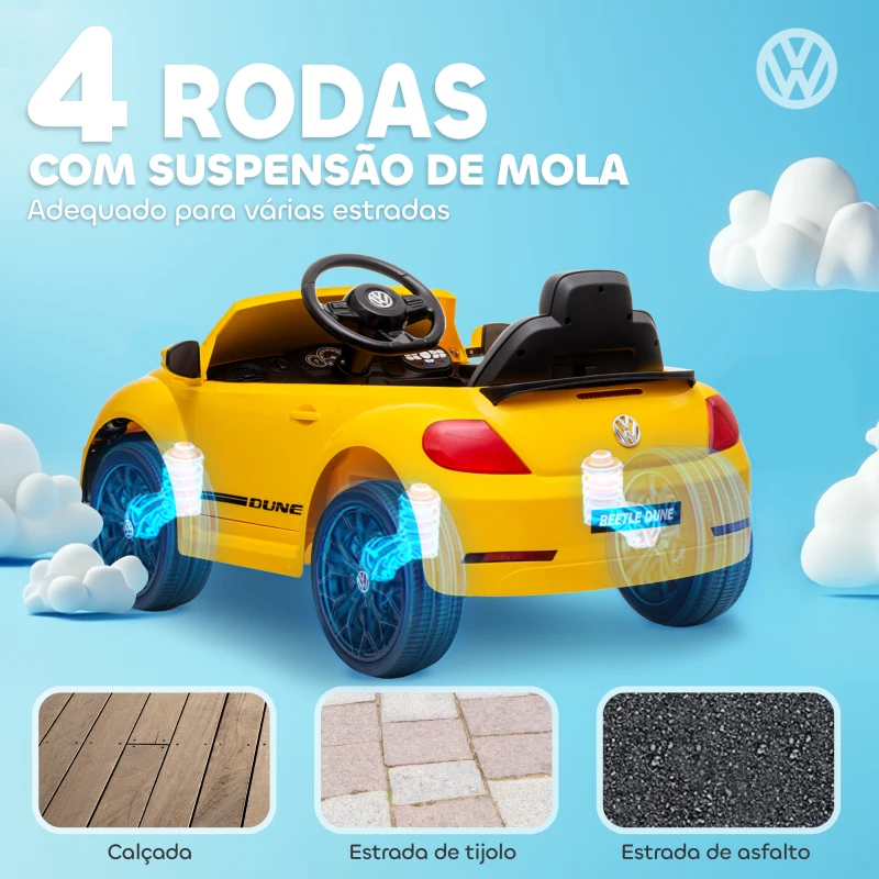 AIYAPLAY Carro Elétrico para Crianças Carro Elétrico Infantil Volkswagen Beetle com Bateria 12V Faróis Buzina e Música 97x56,5x46 cm Amarelo