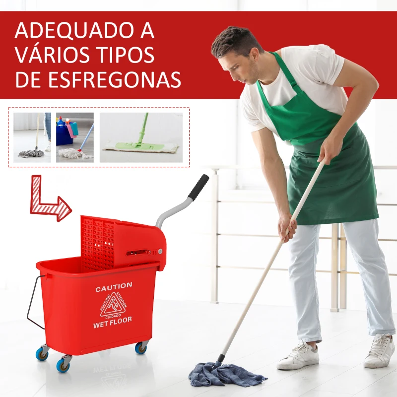 HOMCOM Balde de Limpeza 20L com Rodas e Espremedor Balde para Esfregona com Separador de Água 60x27x70,5 cm Vermelho
