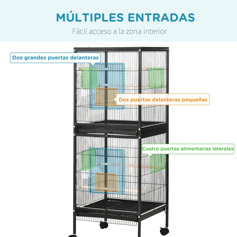PawHut Jaula para Pájaros de 2 Niveles con Ruedas Bandejas Extraíbles Puertas Comederos Perchas 51,5x50x140 cm Negro