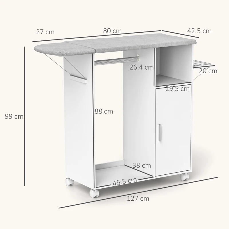 HOMCOM Mobile Asse da Stiro con Piano d'Appoggio, 3 Ripiani a Cubo e Guida, 127x42.5x99cm, Bianco