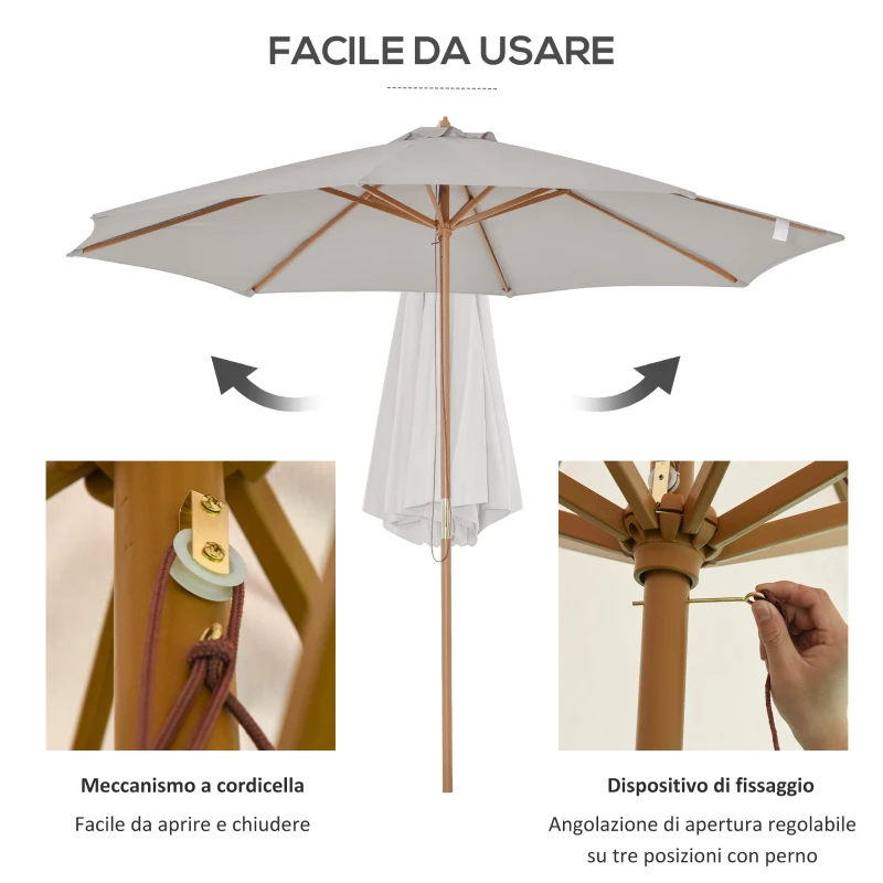Outsunny Ombrellone da Giardino 3 m con Palo in Legno, 8 Stecche e Parasole in Poliestere, Grigio