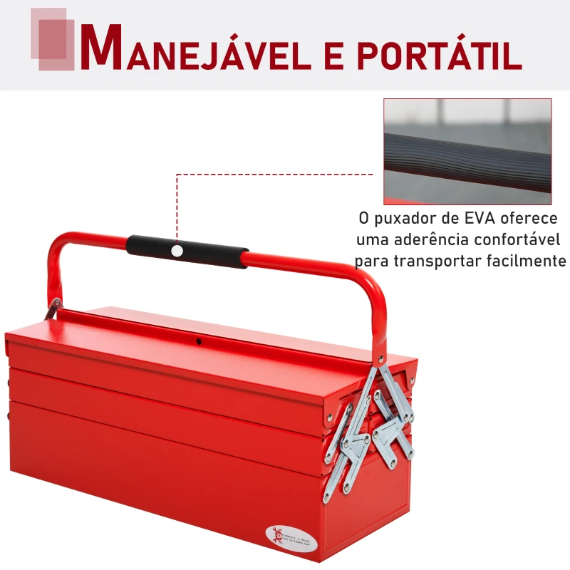 DURHAND Caixa de Ferramentas de Aço Dobrável Portátil com 5 compartimentos com Alça de Transporte para Oficina Bricolagem 57x21x41cm Vermelho