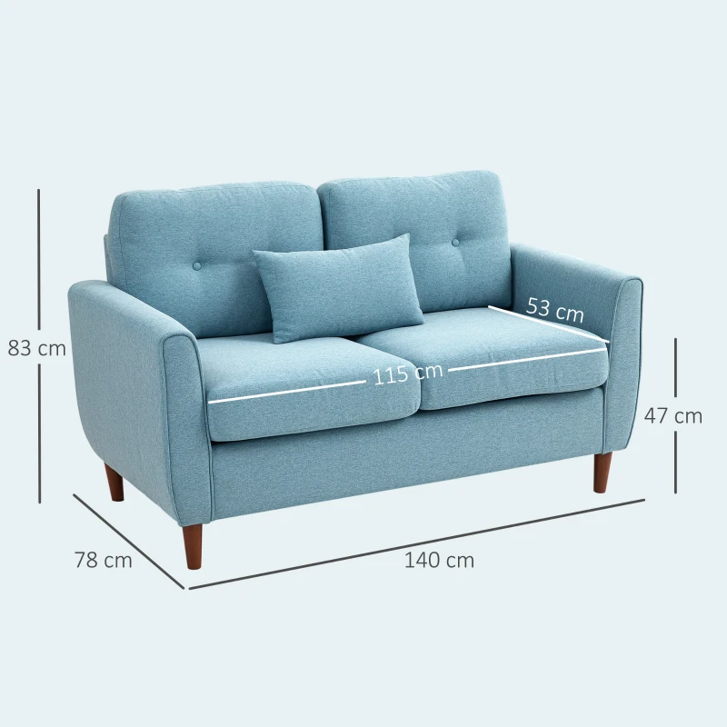 HOMCOM 2 Seater Sofa with Spring Cushion, Fabric Sofa with Wooden Legs, Modern Love Seat for Living Room, 140cm Width Tufted Couch for Bedroom, Light Blue