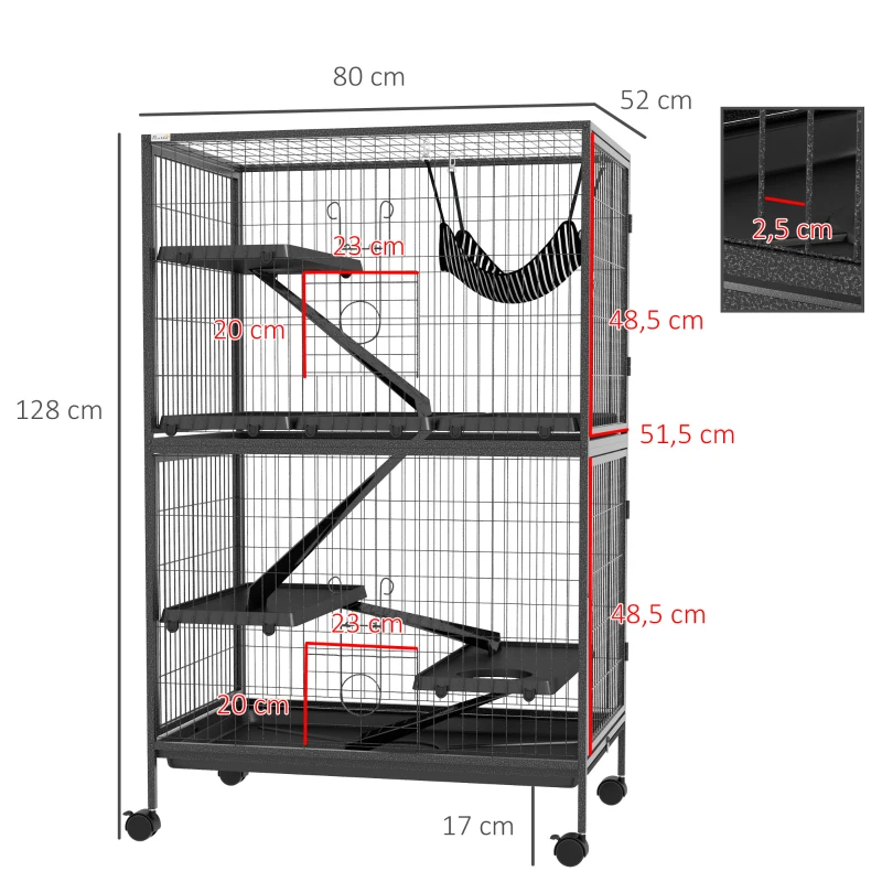 PawHut Gaiola para Roedores 80x52x128 cm Casa de 4 Alturas com Rampas Suspensa Rede Bandeja Removível Rodas Cinza Escuro