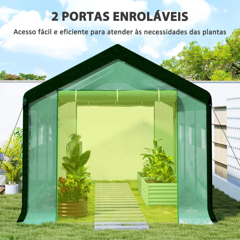 Outsunny Estufa Tipo Túnel 6x3x2,8 m Estufa de Exterior com 6 Janelas Cobertura de PE Anti UV e 2 Portas Enroláveis Verde