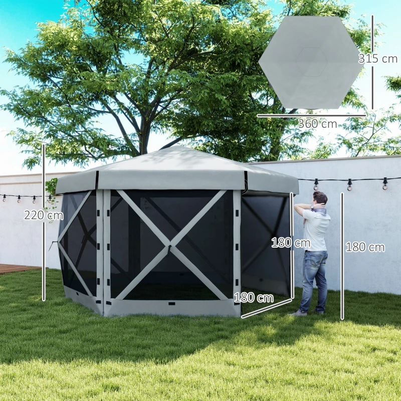 Outsunny Garten-Pavillon, Gartenzelt mit 5 Netzwänden und Tragetasche, wasserfest, UV-beständig, Partyzelt, Hellgrau