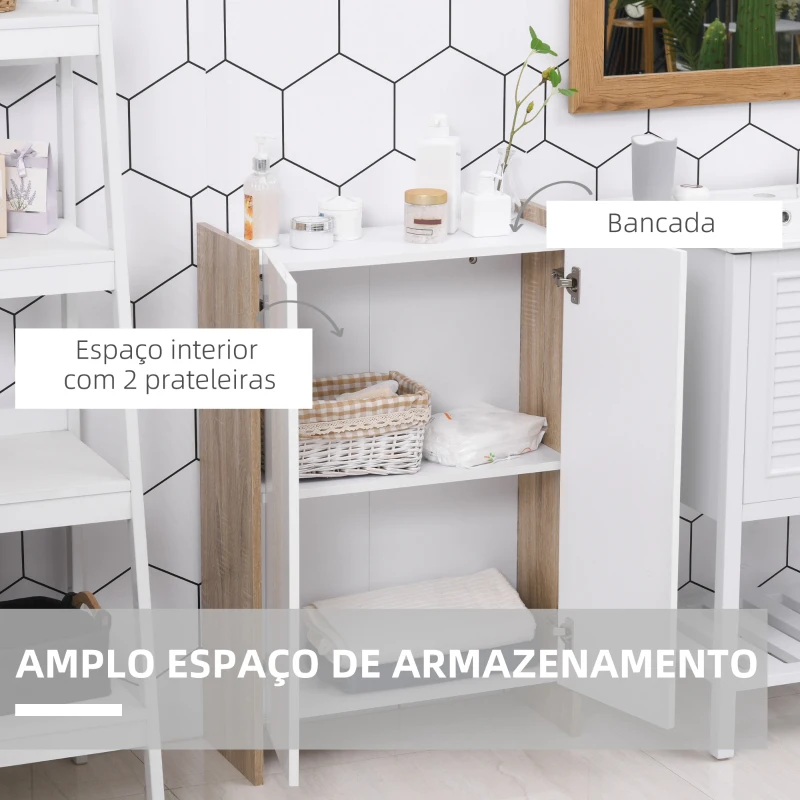 HOMCOM Armário de Armazenamento de 2 Portas Móvel Auxiliar de Casa de Banho Multiuso com 2 Prateleiras para Cozinha Sala de Estar Dormitório 60x25x90cm Acabado em Branco Brilhante