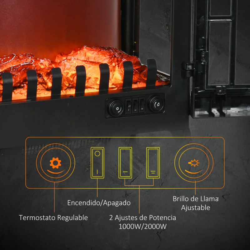 HOMCOM Chimenea Decorativa 1000 W/2000 W con Ventanas LED Llamas y Protección Sobrecalentamiento para 15-20 ㎡ Negro