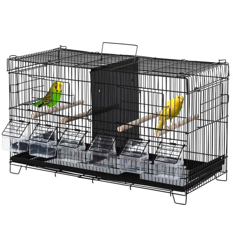 PawHut Jaula para Pájaros con Divisor Ganchos Superiores Puertas Comederos Perchas y Bandeja Extraíble 59,5x26,5x39,5 cm Negro