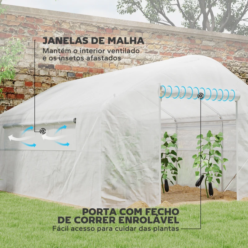 Outsunny Estufa tipo Túnel 4x3x2 m Estufa de Exterior com 2 Janelas Cobertura PE Anti UV e 1 Porta de Enrolar Branco
