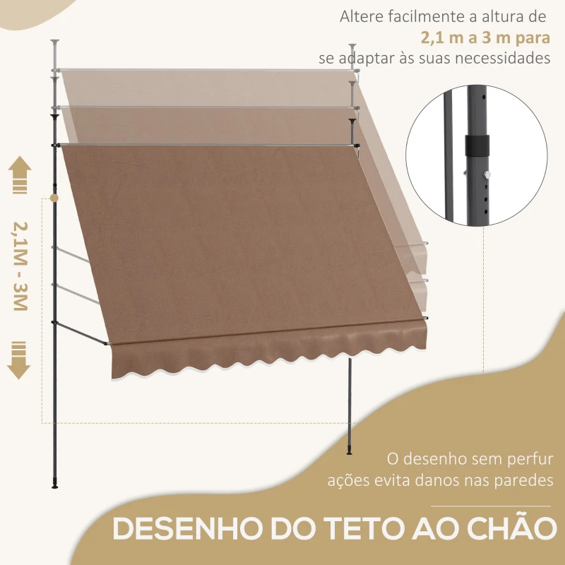 Outsunny Toldo Manual Retrátil com Manivela 300x120x210-300 cm com Altura Ajustável Impermeável para Jardim Varanda Marrom