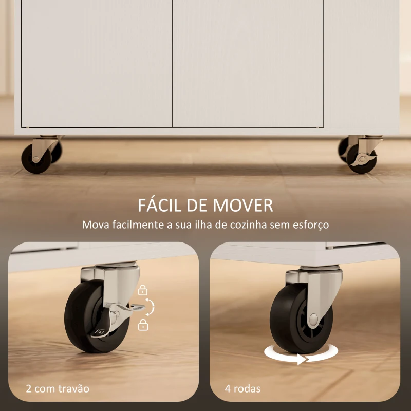 HOMCOM Ilha de Cozinha com Rodas com Gaveta Suporte para Temperos de 3 Níveis e Prateleira Ajustável 82x38x86,5 cm  Branco