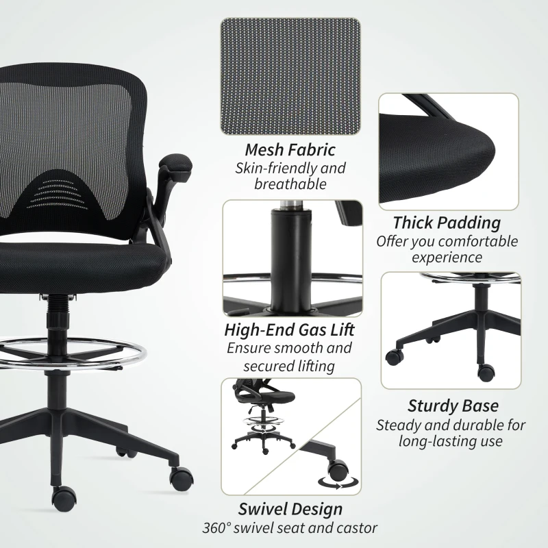 Vinsetto Drafting Chair with Flip-up Armrest, Mesh Office Stool with Foot Ring, 360 Degree Swivel Height Adjustable Chair for Standing Desk, Black