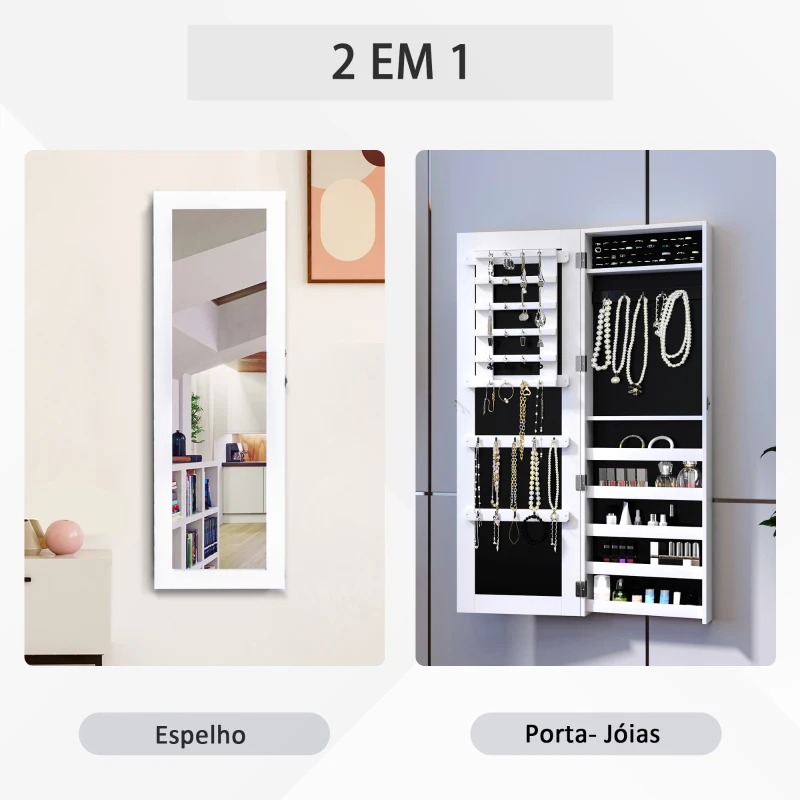 HOMCOM Espelho com Móvel de Bijuterias de Parede Espelho de Parede Organizador de Jóias com Ganchos e Ranhuras para Dormitórios 37x9,5x112cm Branco
