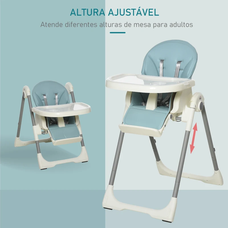 HOMCOM Cadeira de refeição ajustável e dobrável para bebê acima de 6 meses com bandeja dupla 2 rodas e freios 55x80x104 cm Azul