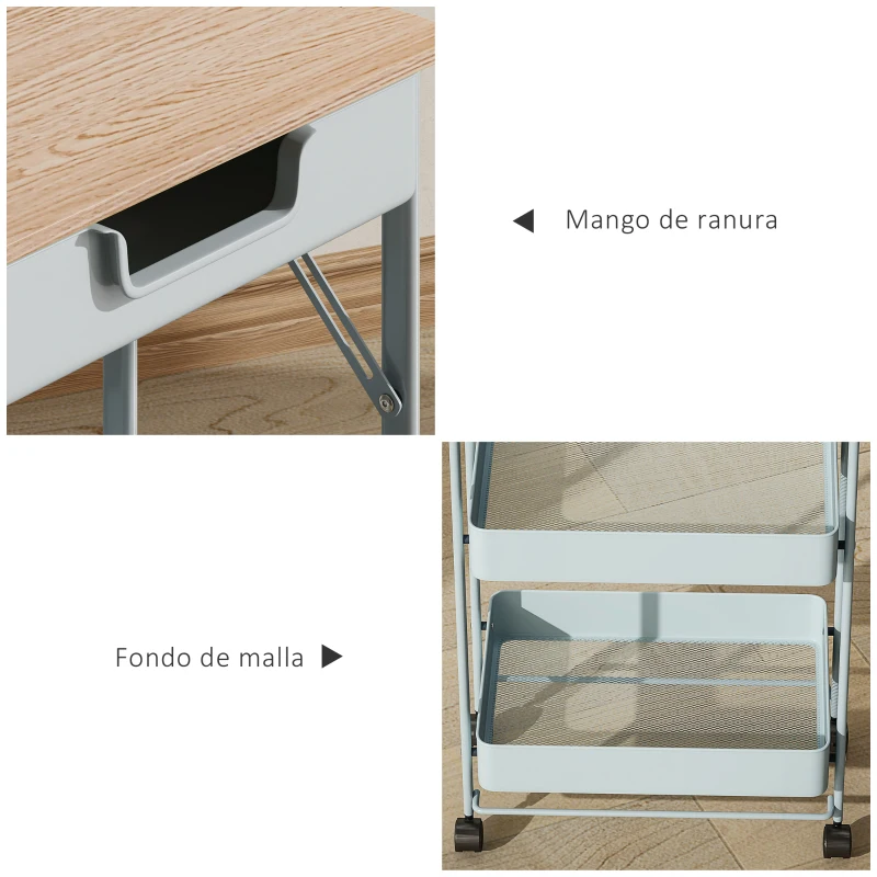 HOMCOM Carrito Auxiliar con Ruedas de 4 Niveles con Cajón Encimera y Cestas de Rejilla para Dormitorio Baño Cocina Verde Claro