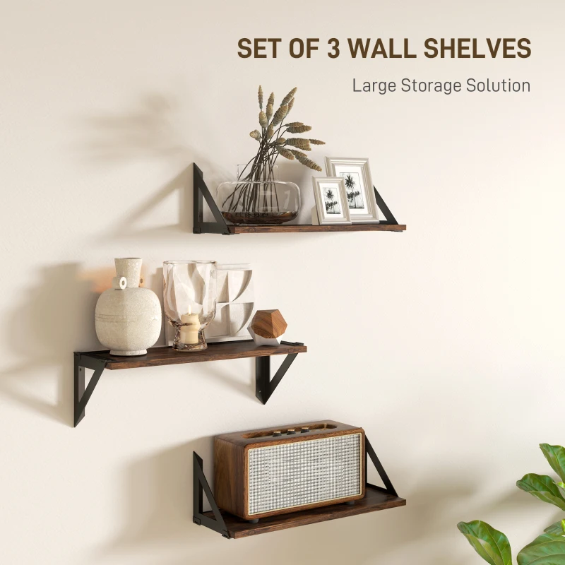 HOMCOM Set of 3 Wall Shelves, 43cm Vintage Wall Mounted Floating Shelves for Living Room, Entryway, Bedroom, Rustic Brown