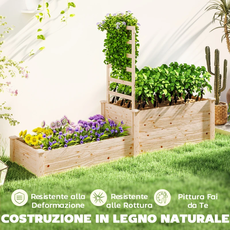 Outsunny Fioriera Rialzata con Grigliato per Rampicanti e Divisorio, in Legno di Abete, 222x63x132 cm, color Legno