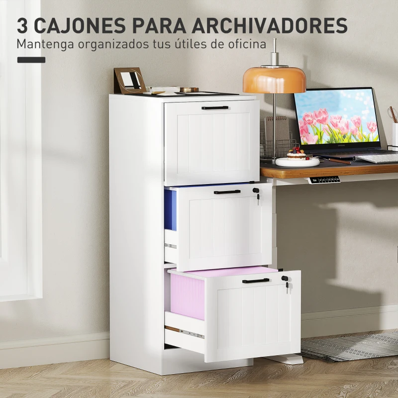 HOMCOM Mueble Archivador con 3 Cajones Cajonera para Escritorio con Rieles Colgantes Ajustables para A4 y Carta Blanco