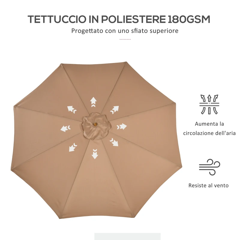 Outsunny Ombrellone da Giardino 3 m con Palo in Legno, 8 Stecche e Parasole in Poliestere, Cachi
